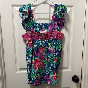 Floral Ruffled Strap Tank Top in Teal and Pink